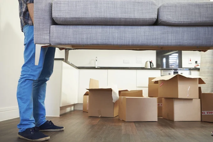 A mover carrying a sofa out of a living room filled with packed cardboard boxes